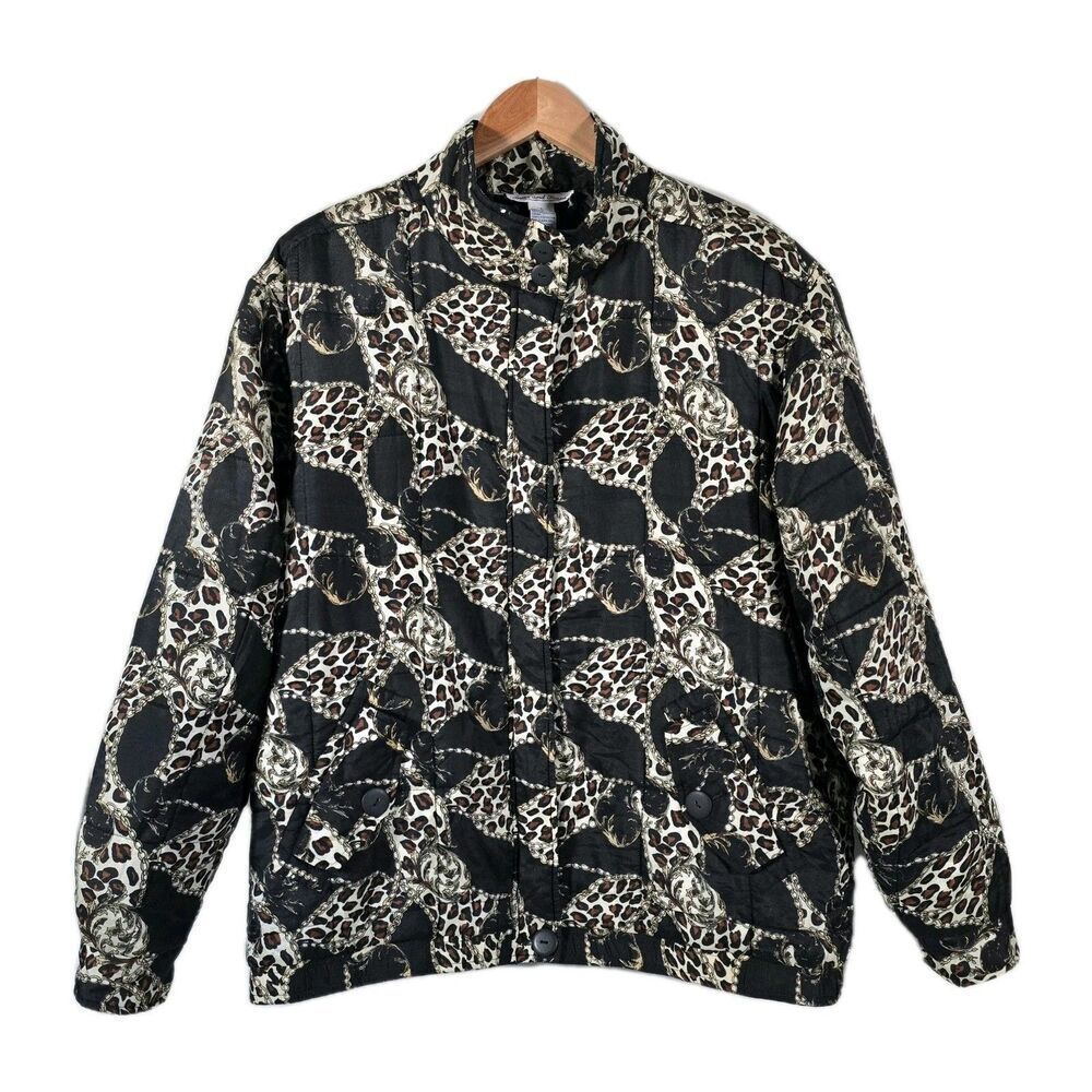 Vtg 80's Anna and Frank Silk‎ Quilted Bomber Jacket Size L Black Animal Print